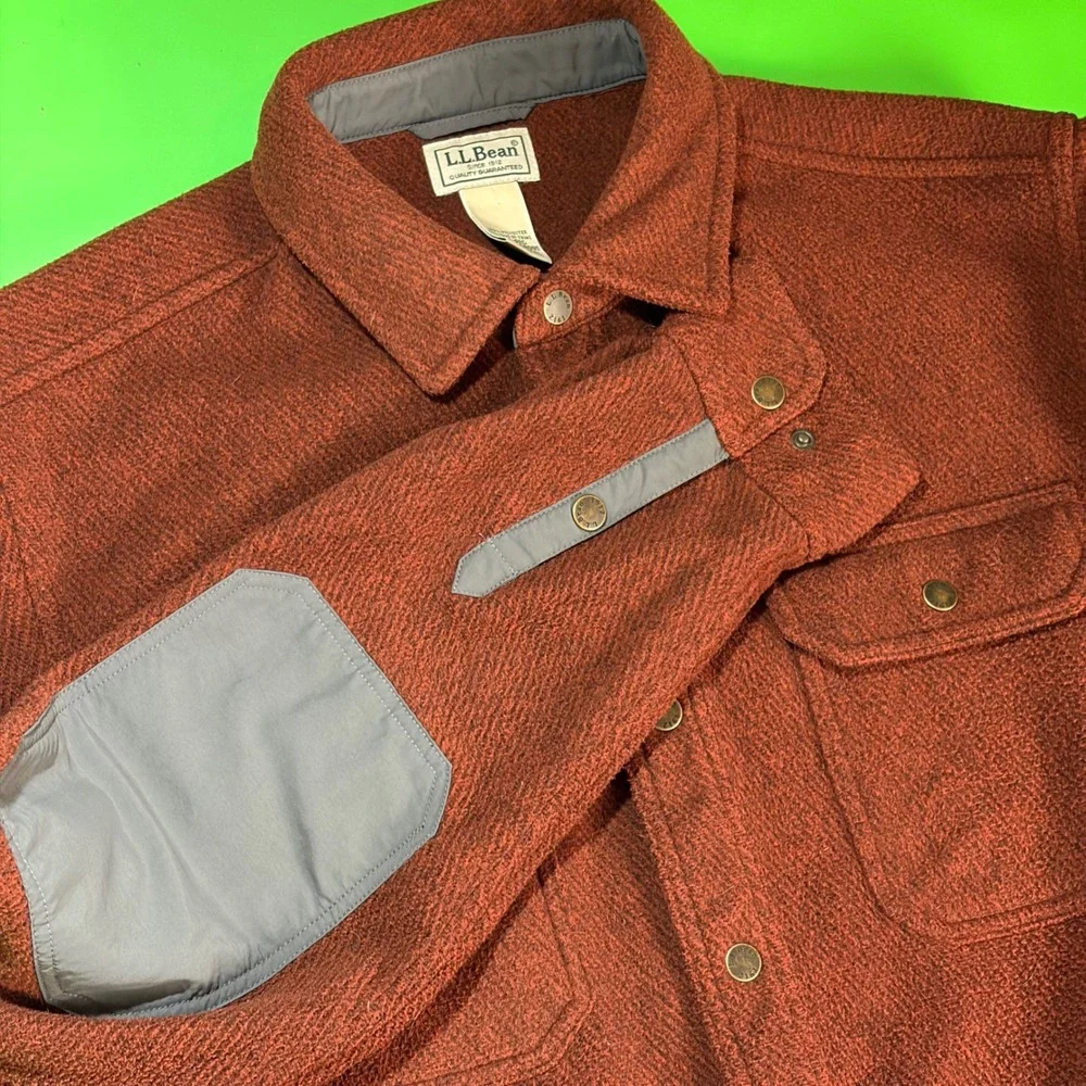LL Bean Fleece Shacket Mens M Burgundy Reinforced Elbow Patches Shirt Jacket EUC